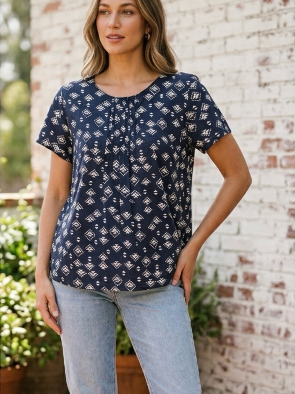 Gap Navy White Short Sleeve Ikat Print Pleated Cotton Blouse Large NWT